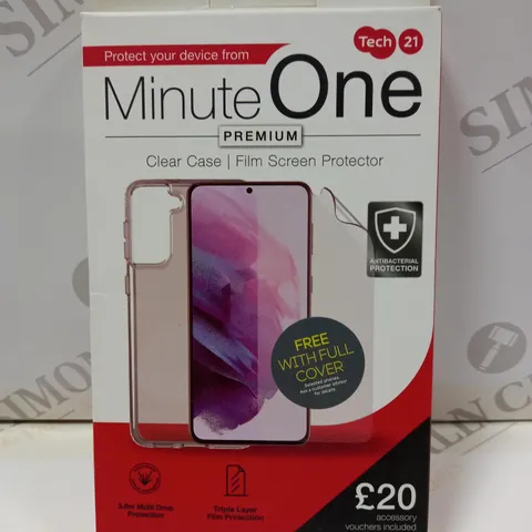 BOX OF APPROX 10 TECH 21 MINUTE ONE PREMIUM PHONE CASE AND SCREEN PROTECTOR FOR ASSORTED PHONES