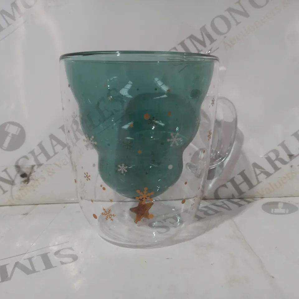 BOXED UNBRANDED FESTIVE CHRISTMAS TREE DOUBLE WALL GLASS MUG