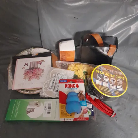 APPROXIMATELY 10 HOUSEHOLD ITEMS TO INCLUDE DECK JOIST TAPE, KONG PUPPY TEETHING RUBBER, PAPER PLATES, ETC