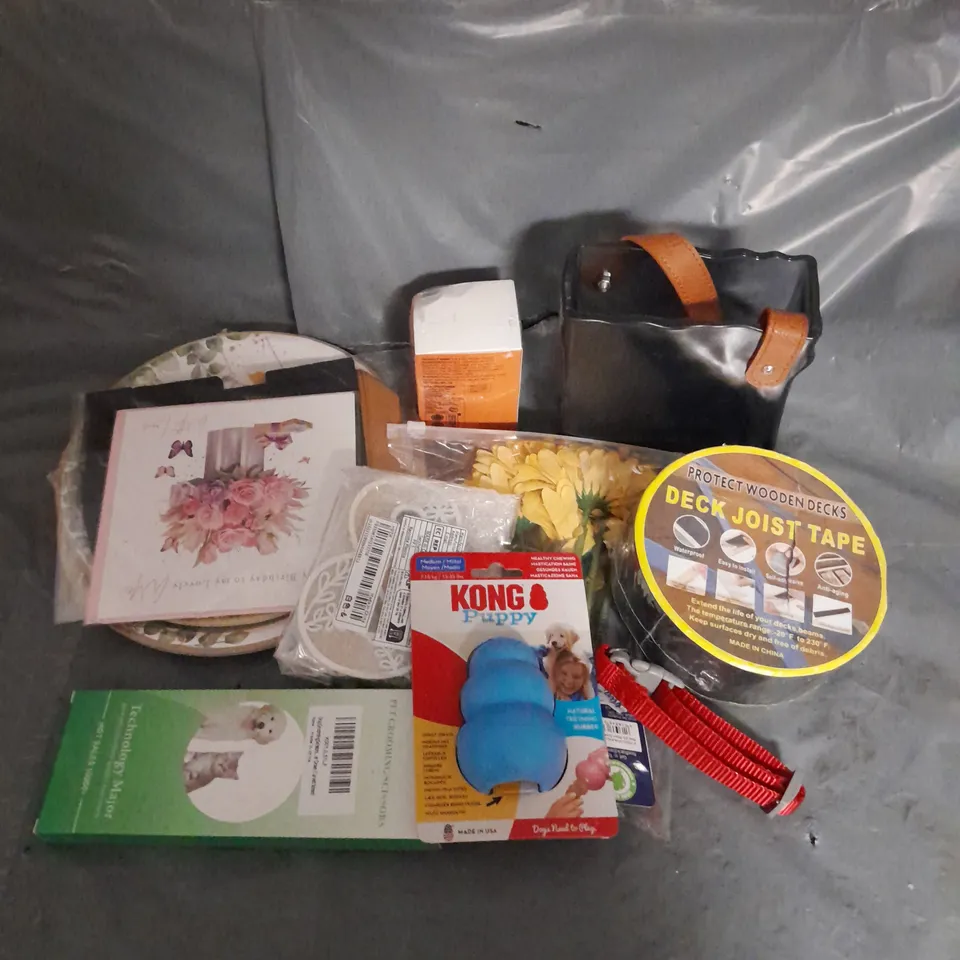 APPROXIMATELY 10 HOUSEHOLD ITEMS TO INCLUDE DECK JOIST TAPE, KONG PUPPY TEETHING RUBBER, PAPER PLATES, ETC