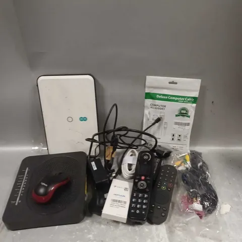 BOX OF APPROXIMATELY 15 ASSORTED ELECTRICAL ITEMS TO INCLUDE - REMOTES - CABLES - EE ROUTER - ETC