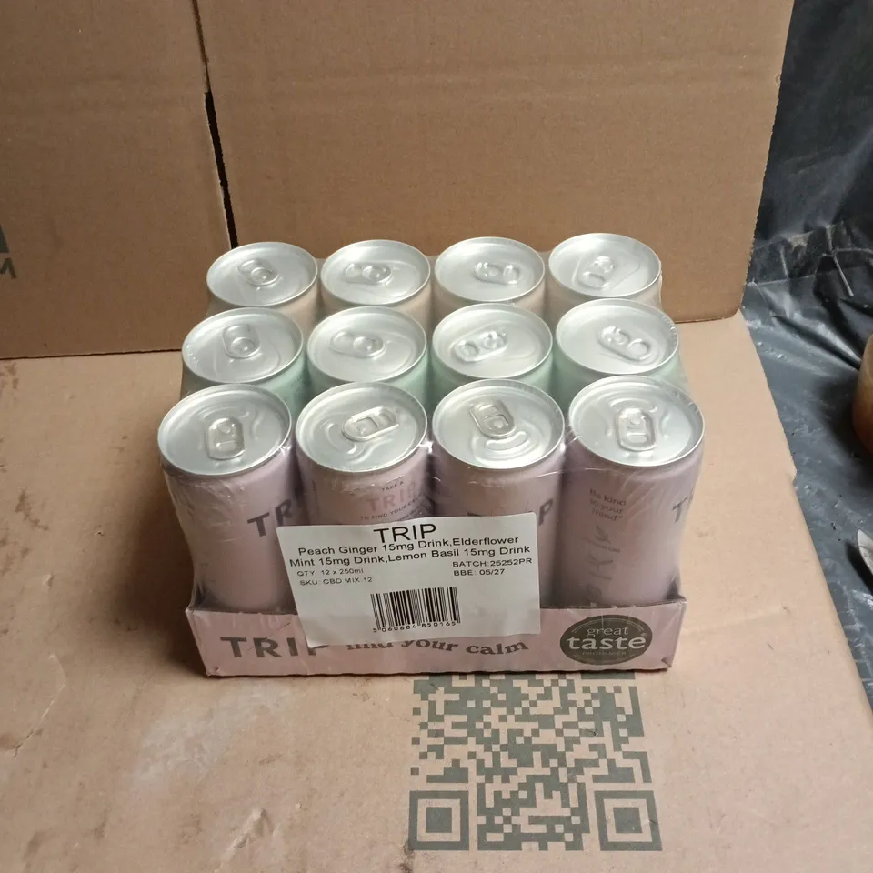 2 CASES OF TRIP CBD DRINK ASSORTED FLAVOURS 12 X 250ML (PEACH GINGER, ELDERFLOWER MINT, LEMON BASIL)