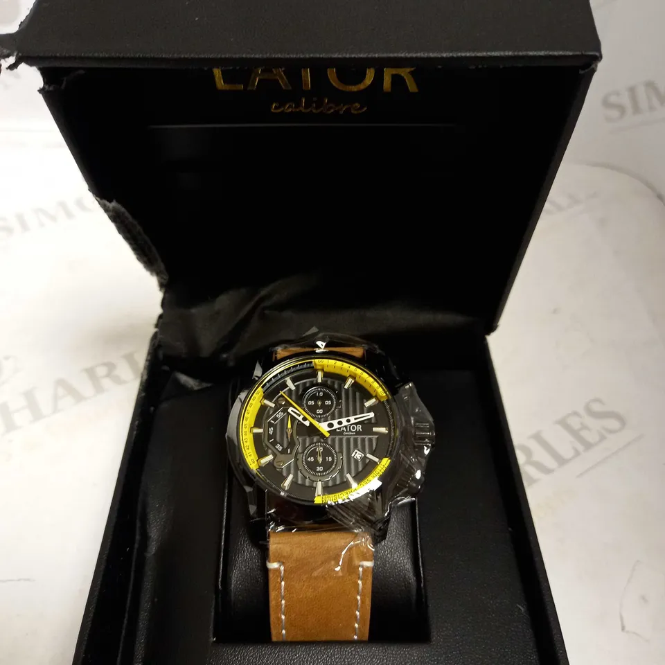LATOR CALIBRE BLACK & YELLOW FACE SUEDE LEATHER STRAP WATCH RRP £635
