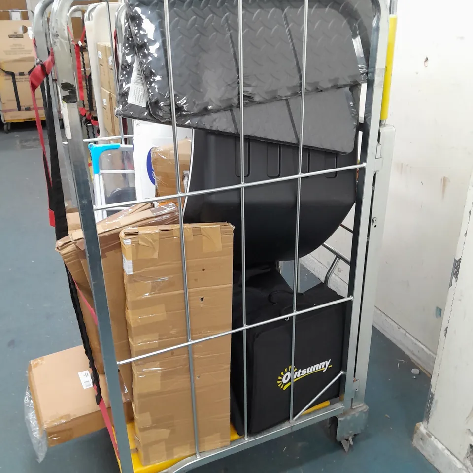 CAGE OF ASSORTED HOUSEHOLD GOODS TO INCLUDE POTTING TRAY, CAT BOX, FLOOR PADDING, AND CLOTHES DRYING RACK ETC.