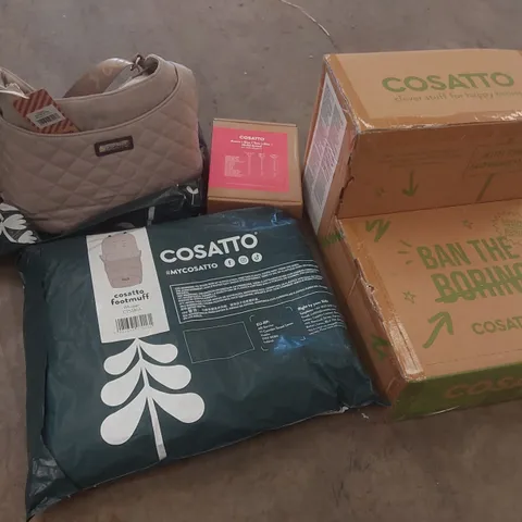 BOX OF ASSORTED COSATTO BABY PRODUCTS INCLUDING: CAR SEAT BASE, CHANGING BAG, FOOTMUFF