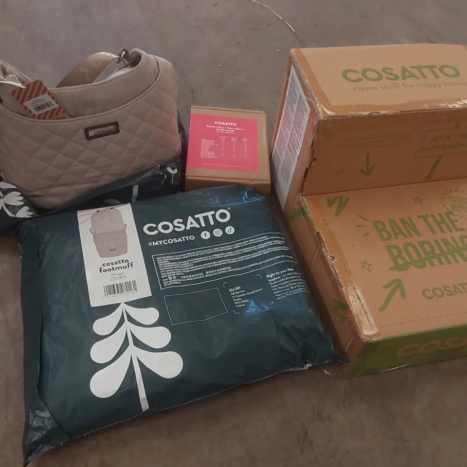 BOX OF ASSORTED COSATTO BABY PRODUCTS INCLUDING: CAR SEAT BASE, CHANGING BAG, FOOTMUFF