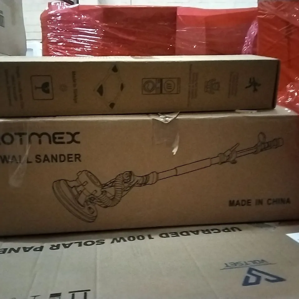 PALLET CONTAINING ASSORTED ITEMS TO INCLUDE: DRYWALL SANDER, SOLAR PANELS AND WALKING VIBRATION PAD ETC...