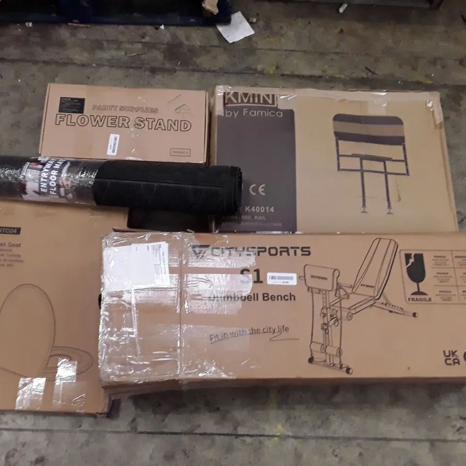 PALLET OF ASSORTED PRODUCTS INCLUDING BED RAIL, FLOWER STAND, TOILET SEAT, DUMBELL BENCH, ENTRYWAY FLOOR MAT
