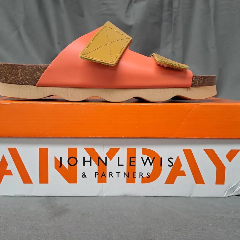 BOXED PAIR OF JOHN LEWIS ANYDAY LIMES OPEN TOE SANDALS IN MULTI ORANGE SIZE 6