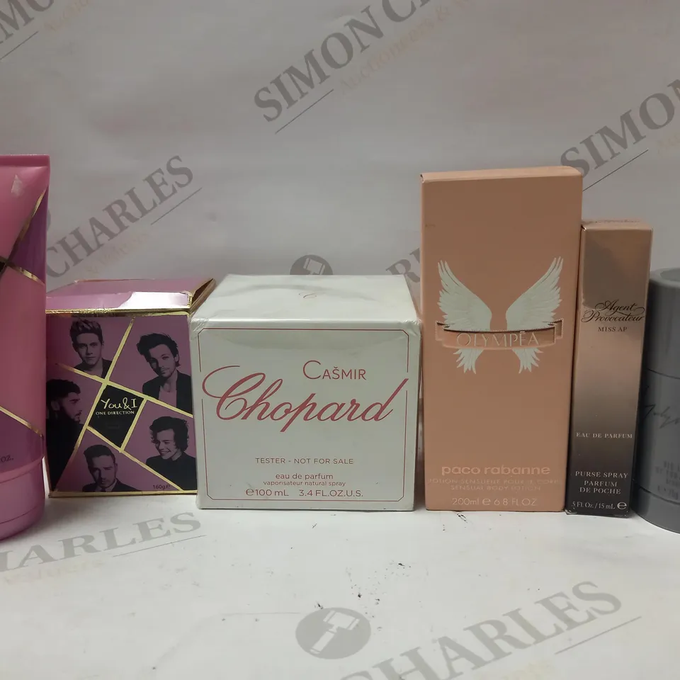 LOT OF 6 ASSORTED COSMETIC PRODUCTS TO INCLUDE ONE DIRECTION YOU&I BODY LOTION, PACO RABANNE OLYMPEA BODY LOTION, AGENT PROVOCATEUR MISS AP PARFUM 15ML, ETC