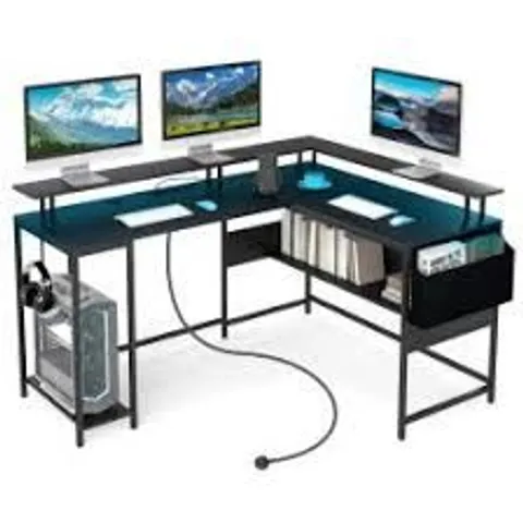 BOXED COSTWAY L-SHAPED GAMING DESK WITH LED LIGHTS AND POWER OUTLETS - BLACK