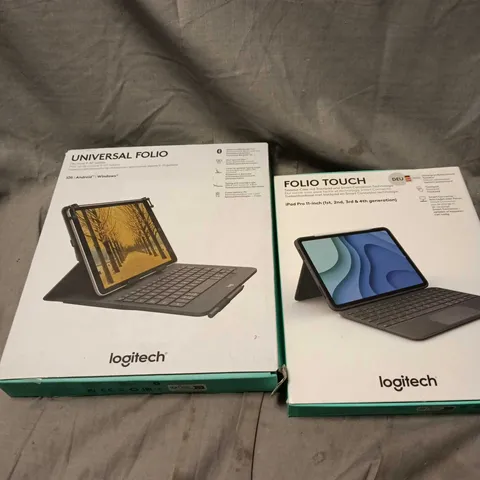 BOX OF APPROXIMATELY 10 ASSORTED LOGITECH KEYBOARD CASES, FOLIO TOUCH AND UNIVERSAL FOLIO. NON UK VERSIONS