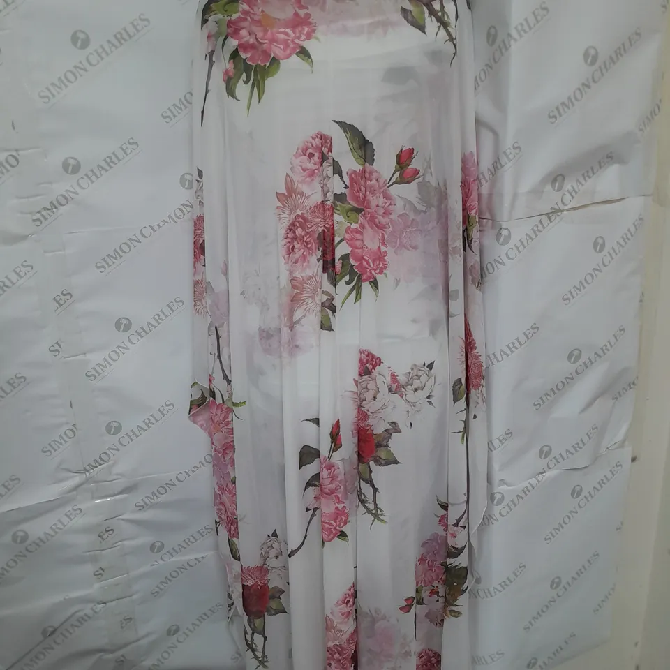 SHEIN 2-PIECE RUCHED BODYCON SPAGHETTI STRAP DRESS AND MESH LONG SHAWL IN WHITE FLORAL SIZE S