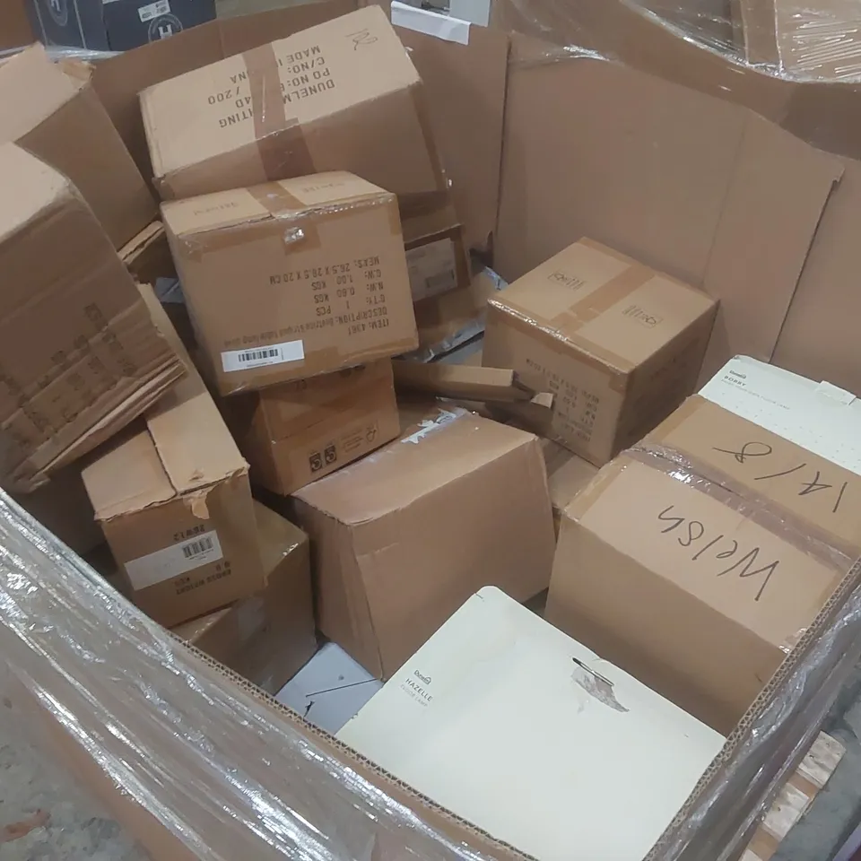 PALLET CONTAINING A VERY LARGE QUANTITY OF ASSORTED DESIGNER LIGHTING PRODUCTS TO INCLUDE: GRACIE FLOOR LAMP, WOLSTON BAR LIGHT, WILMA TABLE LAMP, RHETT FLOOR LAMP BASE ECT