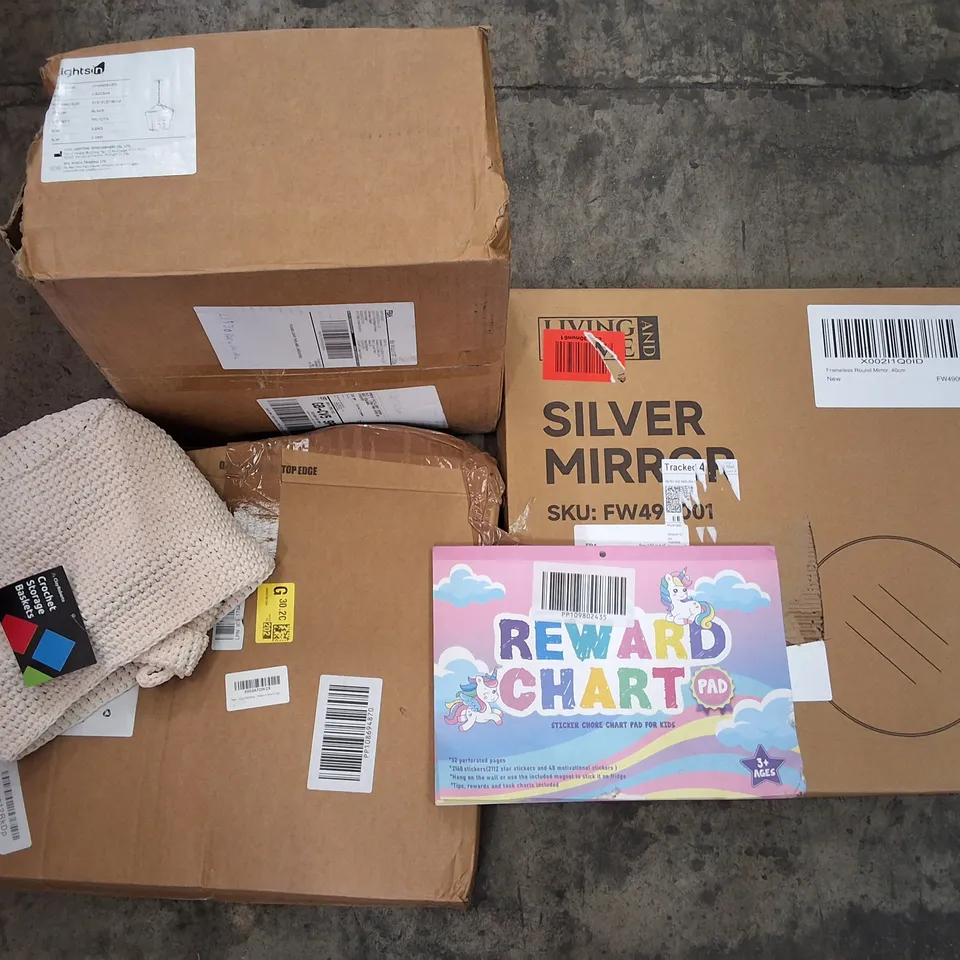 PALLET CONTAINING ASSORTED PRODUCTS INCLUDING SILVER MIRROR, REWARD CHART, CROCHET STORAGE BASKETS, DOG PADDING & CHANDELIER LIGHT