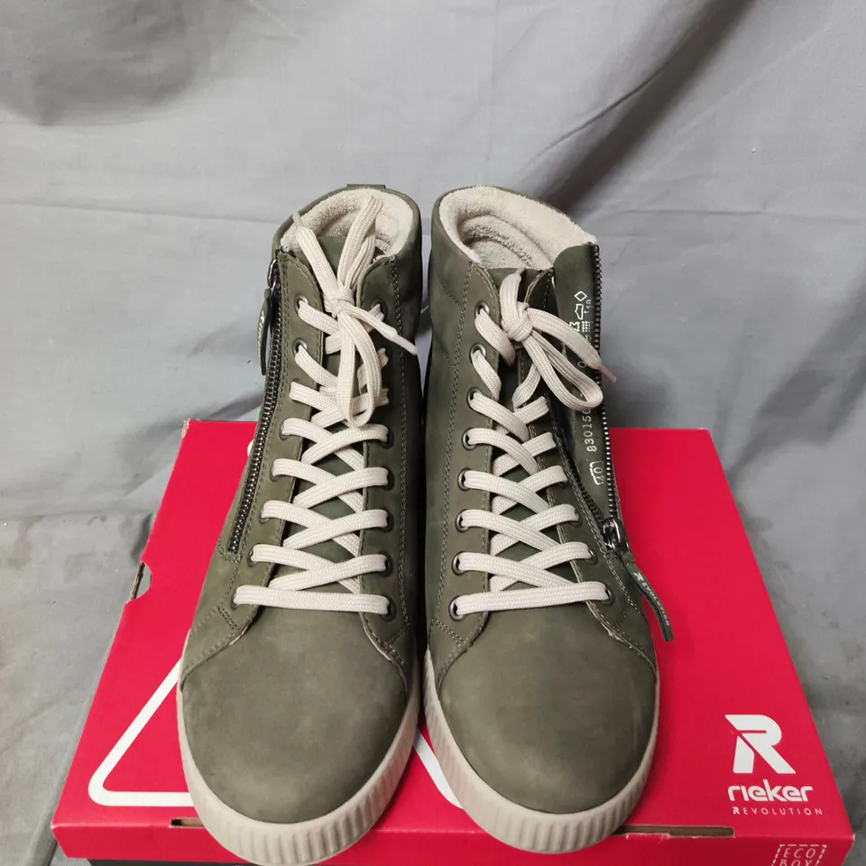 BOXED PAIR OF RIEKER REVOLUTION HIGH-TOP SNEAKER – OLIVE GREEN / GREY - SIZE 40