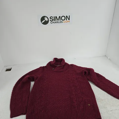 WHITE STUFF BURGUNDY CABLE-KNIT SWEATER – UK M (MEDIUM) – MADE IN CAMBODIA