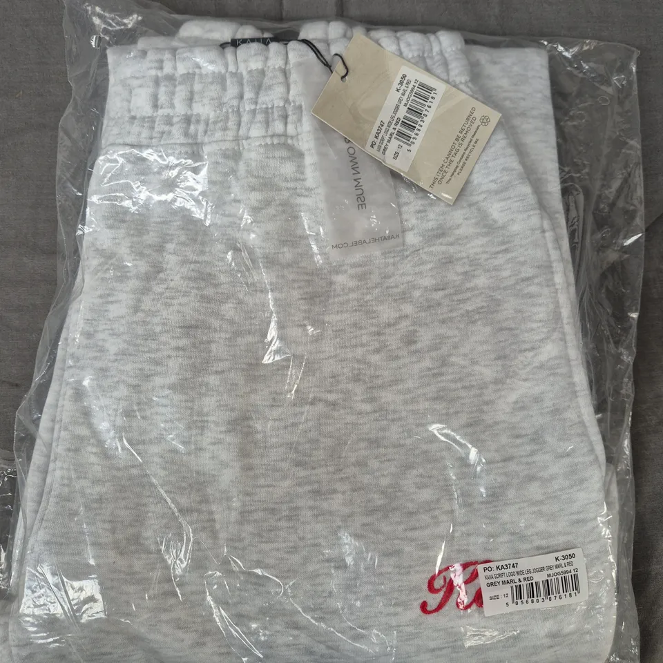 BAGGED KAIIA SCRIPT LOGO WIDE JOGGERS IN GREY MARL & RED - SIZE 12