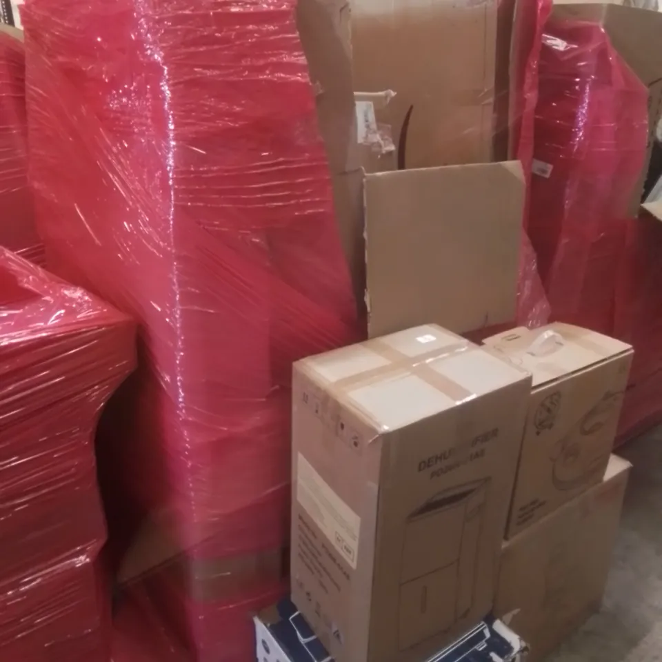 PALLET OF ASSORTED HOUSEHOLD GOODS AND FURNITURE TO INCLUDE; MONSOON DOUBLE AIR FRYER, DEHUMIDIFIER, OFFICE CHAIR ETC