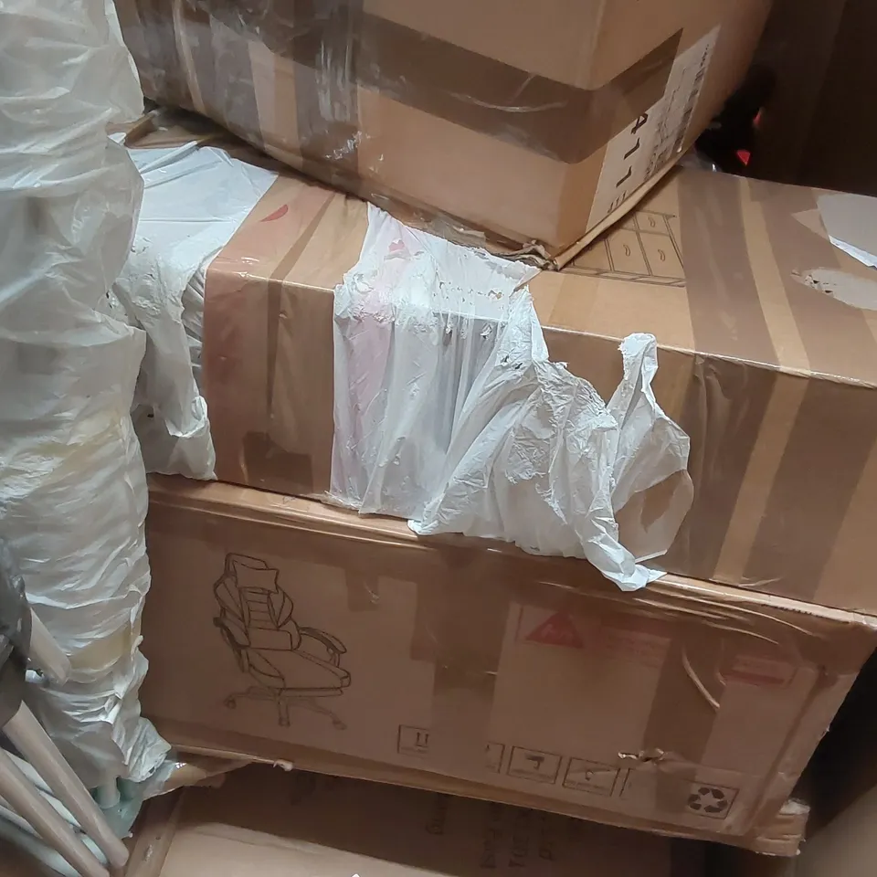 PALLET OF ASSORTED ITEMS INCLUDING: OFFICE CHAIRS, PLAYPEN, ELECTRIC CLOTHES DRYER, BLINDS ECT