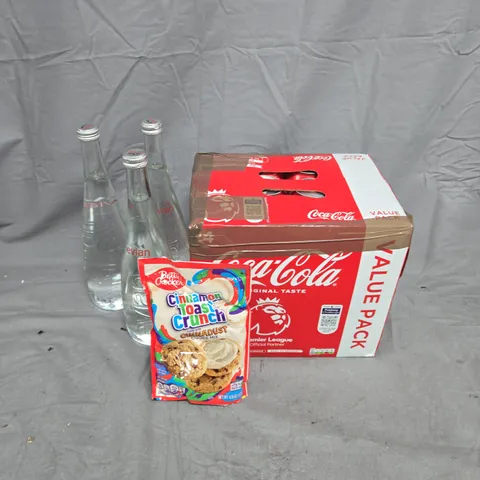 APPROXIMATELY 5 ASSORTED FOOD ITEMS TO INCLUDE - COCA COLA CANS - EVIAN MINERAL WATER - BETTY CROCKER CINNAMON TOAST CRUNCH COOKIE MIX, COLLECTION ONLY