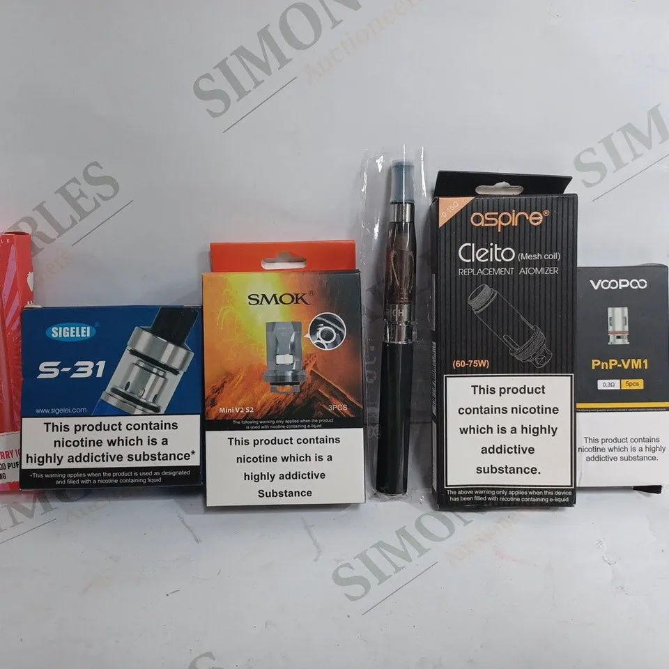 BOX OF APPROX 25 VAPE ACCESSORIES TO INCLUDE - SMOK MINI V2 S2 - VOOPOO PNP-VM1 - SIGELEI S-31 TANK ECT