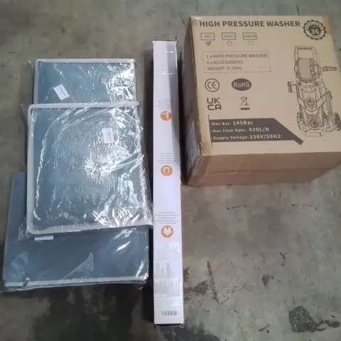 PALLET CONTAINING VARIOUS ASSORTED ITEMS TO INCLUDE:HIGH PRESSURE WASHER, SHOE STORAGE BOXES, RETRACTABLE SAFETY GATE AND OTHER ASSORTED ITEMS...