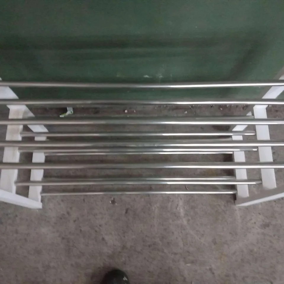 TWO DESIGNER WHITE AND CHROME THREE TIER SHOE RACKS