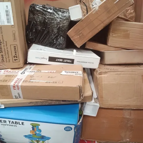 PALLET OF ASSORTED HOUSEHOLD GOODS AND PRODUCTS TO INCLUDE; BED FRAME, BUGGY, SHOE STORAGE BOX, BOXED FURNITURE ETC
