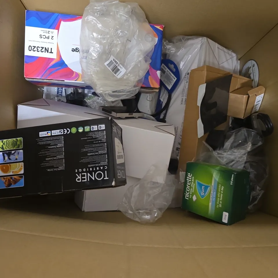 BOX OF APPROXIMATELY 12 ASSORTED ITEMS TO INCLUDE - TP-LINK WIFI RANGE EXTENDER , CARTRIDGE PEOPLE TONER CARTRIDGE , PANASONIC AC ADAPTOR ETC