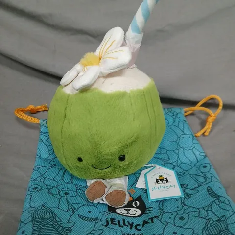 JELLYCAT ARUBA COCONUT PLUSH TOY – GREEN COCONUT WITH STRIPED STRAW, TAGS ATTACHED