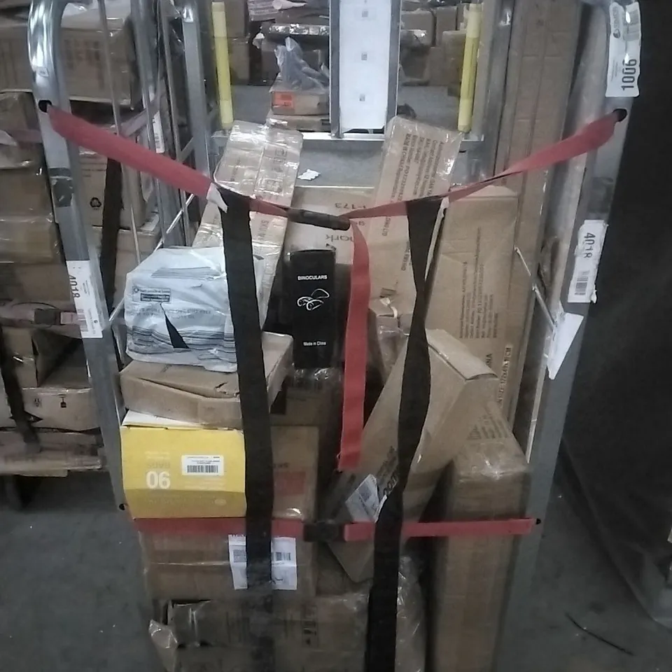 CAGE OF ASSORTED HOUSEHOLD GOODS AND PRODUCTS, TO INCLUDE BINOCULARS, VELVET HANGERS, ACRYLIC NAIL POLISH RACK ETC. - CAGE NOT INCLUDED 