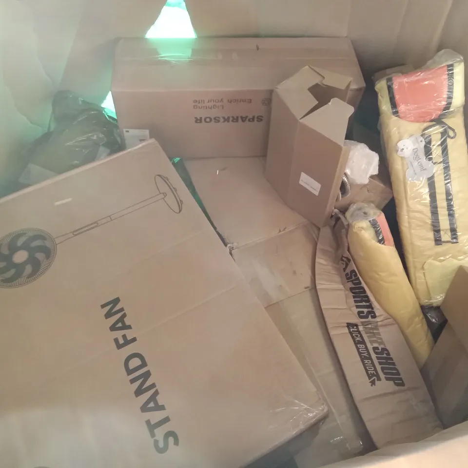 PALLET OF ASSORTED ITEMS INCLUDING TROTRONIC STAND FAN, INSTANT POT DUO CRISP + AIR FRYER, WINNES SOUND BAR, DOGLEMI DOG SAFETY VEST, SPARKSOR LIGHTING 