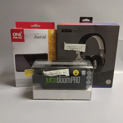 APPROXIMATELY 10 ASSORTED TECH PRODUCTS TO INCLUDE GAMING HEADSET, JUICE BOOM PRO BLUETOOTH SPEAKER, HDTV INDOOR AERIAL