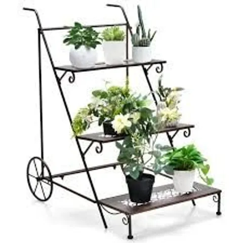 BOXED COSTWAY 3 TIER LADDER SHAPED METAL PLANT STAND WITH WHEELS AND HANDLE