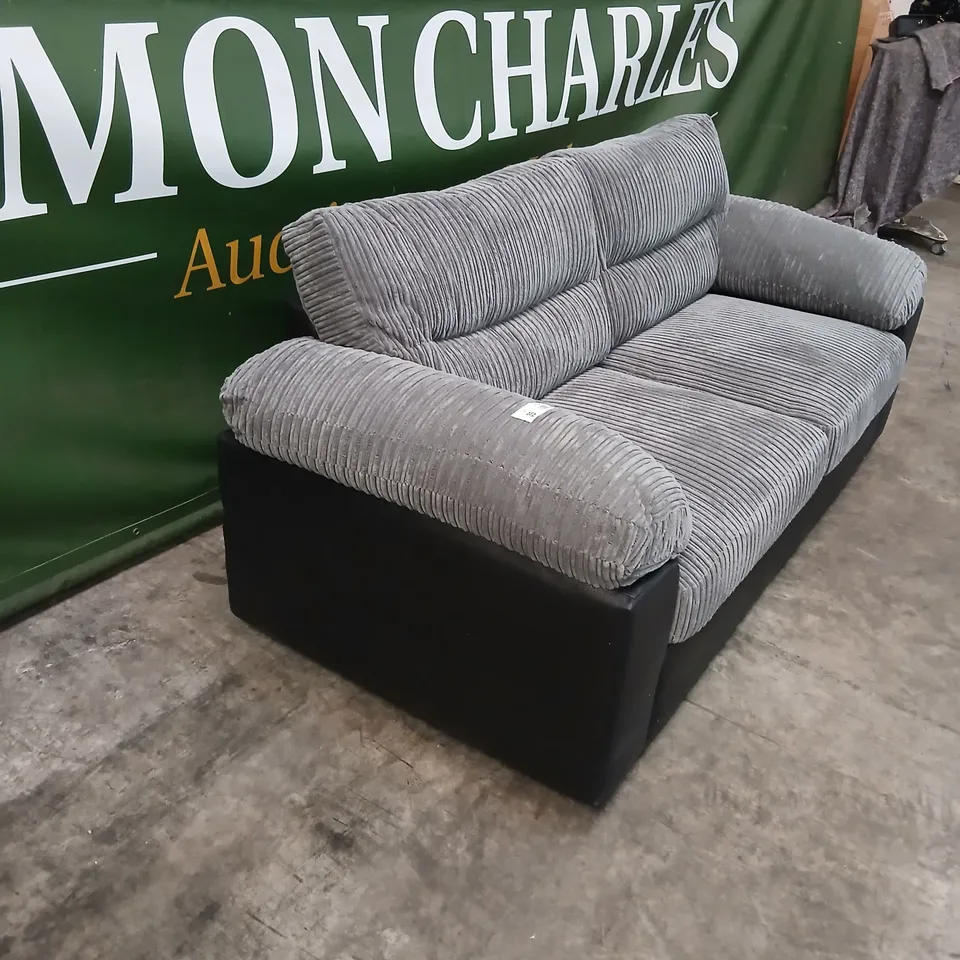 GREY CORDUROY 3-SEAT SOFA WITH BLACK BASE AND MATCHING ARM CUSHIONS