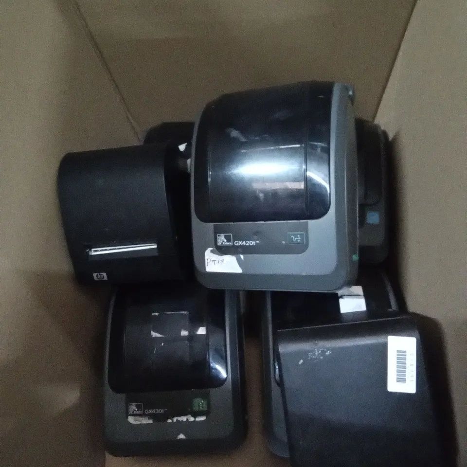 BOX OF RECIEPT PRINTERS INCLUDING ZEBRA GX430T, GX420T AND HP