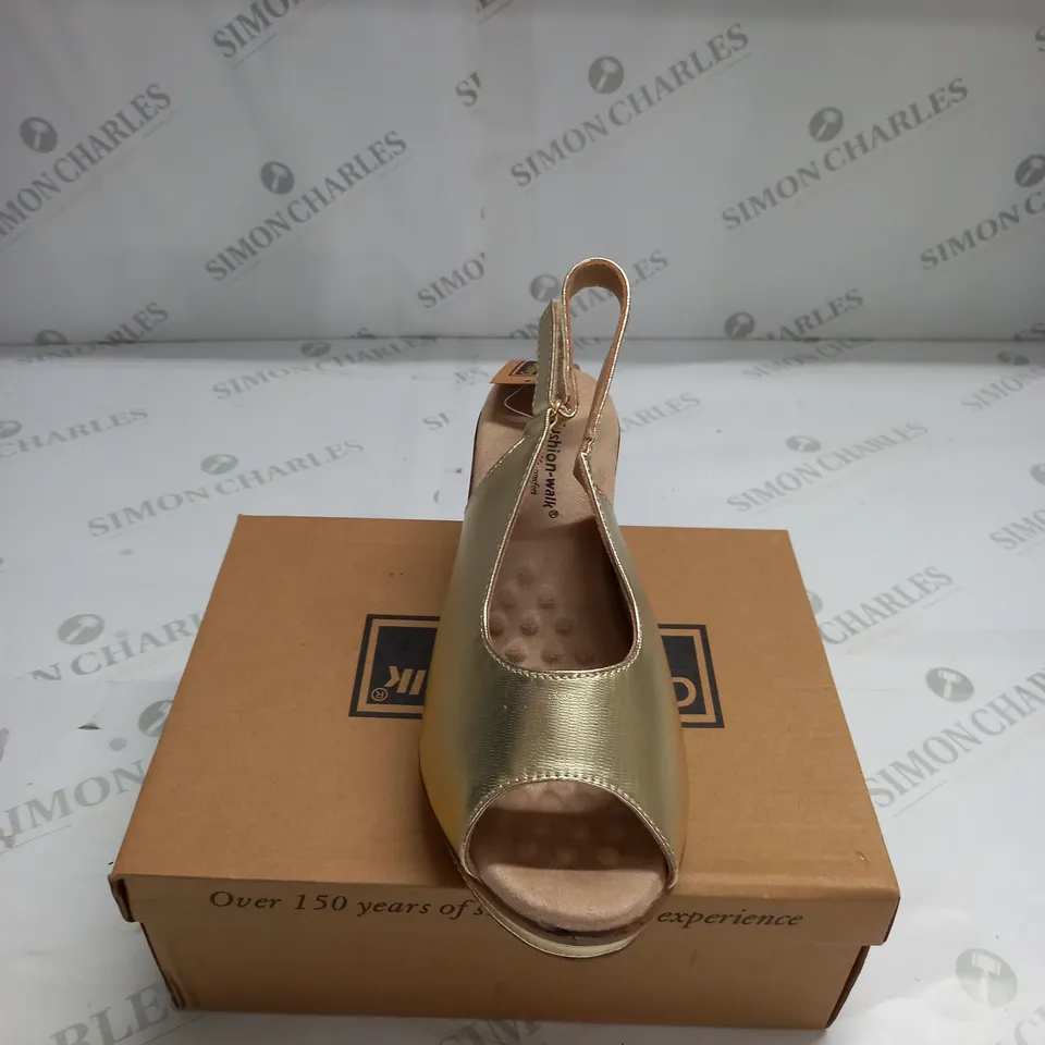 BOXED PAIR OF CUSHION WALK WEDGE SHOES IN GOLD - SIZE 6
