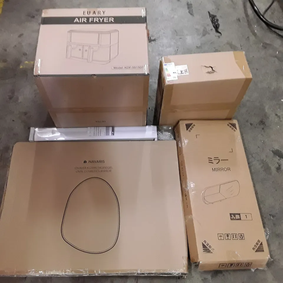 PALLET OF ASSORTED PRODUCTS INCLUDING AIR FRYER, OVAL COSMETIC MIRROR, BLIND, CEILING LIGHT, WALL MIRROR