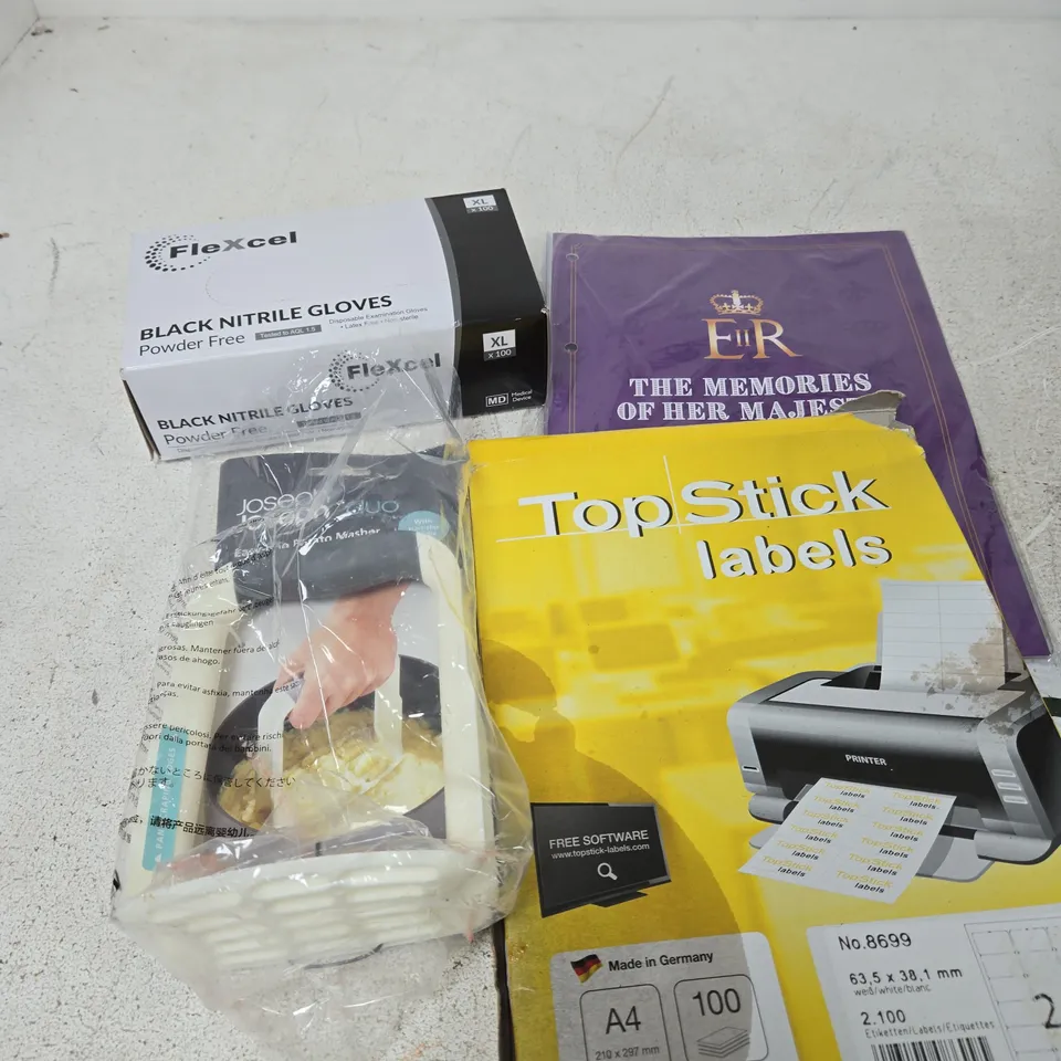 APPROXIMATELY 7 ASSORTED HOUSEHOLD PRODUCTS TO INCLUDE PROTECTIVE GLOVES, POTATOE MASHER, LABELS ETC