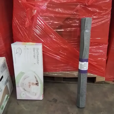 PALLET OF ASSORTED HOUSEHOLD GOODS AND PRODUCTS TO INCLUDE;BATHWATER BARRIER,AREA RUG