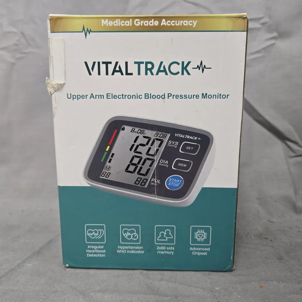 VITALTRACK UPPER ARM BLOOD PRESSURE MONITOR – BOXED WITH CUFF, BATTERIES & USB CABLE (MODEL UBOEH)
