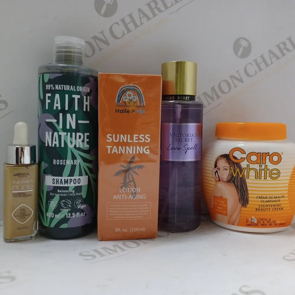 BOX OF APPROX 20 ASSORTED HEALTH AND BEAUTY ITEMS TO INCLUDE - CARO WHITE BEAUTY CREAM - HALLE P SUNLESS TANNING - FAITH IN NATURE ROSEMARY SHAMPOO - VICTORIAS SECRET LOVE SPELL ECT