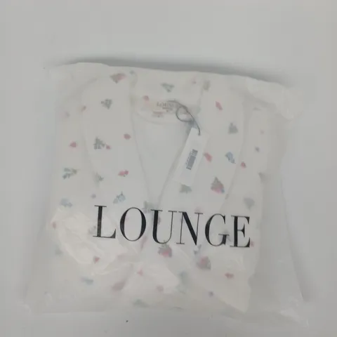 BAGGED LOUNGE TOWELLING ROBE IN WHITE PRINT SIZE M/L