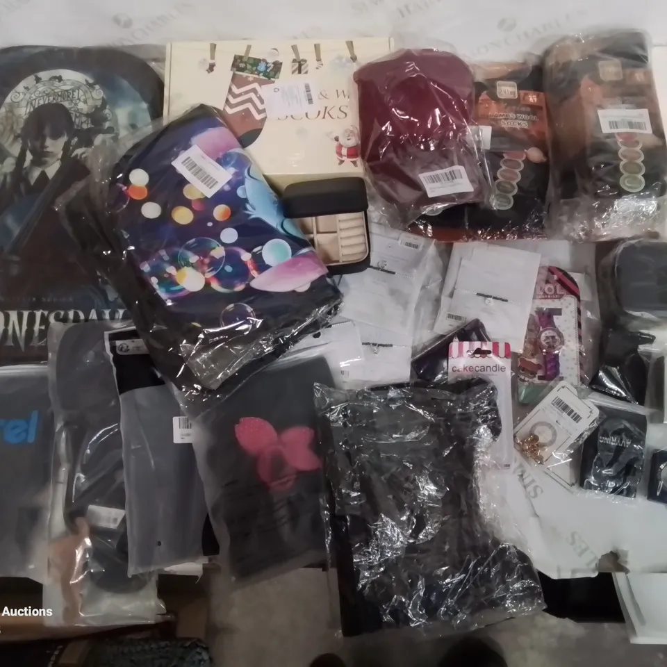 BOX CONTAINING LARGE AMOUNT OF MIXED FASHION ITEMS, SILVER PLATE AND COSTUME JEWELLERY, CLOTHING ITEMS ETC.