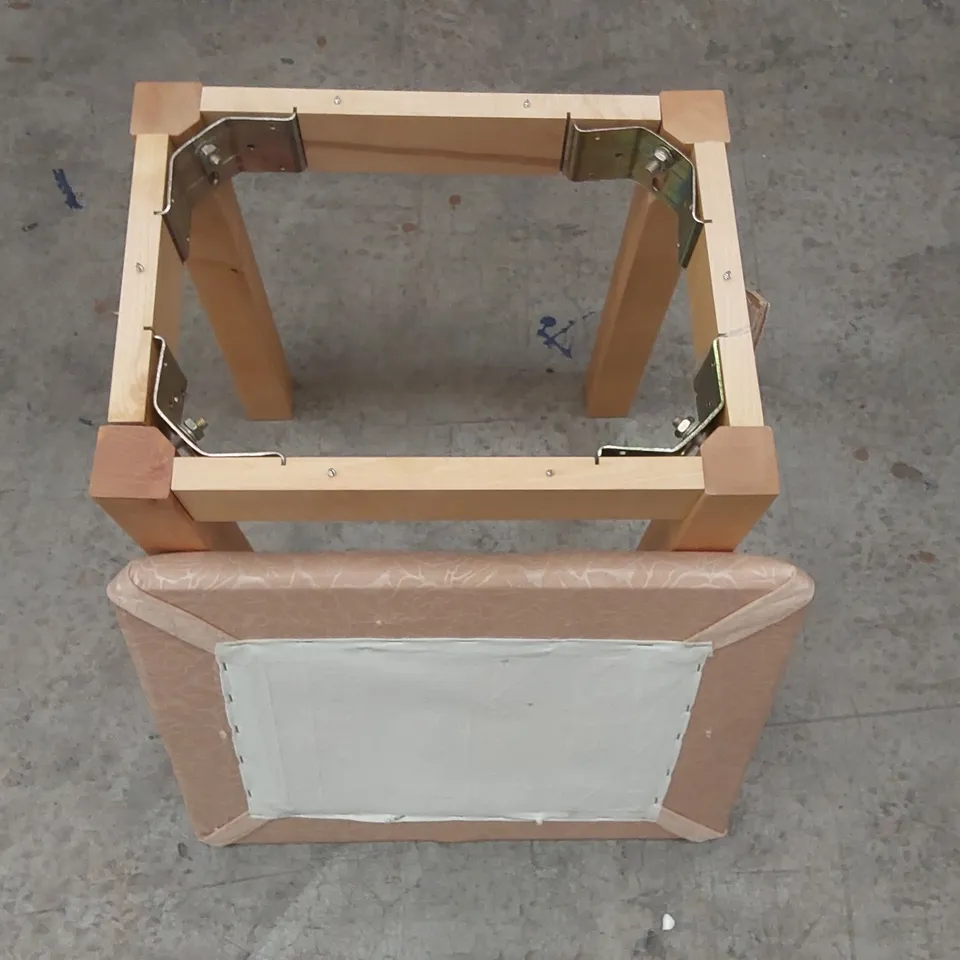 DESIGNER WOODEN STOOL WITH UPHOLSTERED CUSHION - THE CUSHION TOP IS NOT ATTACHED PROPERLY