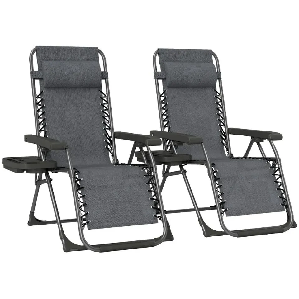 BOXED OUTSUNNY ZERO GRAVITY CHAIRS SET OF 2, FOLDING SUNLOUNGERS RECLINING GARDEN CHAIRS WITH CUP HOLDER, HEADREST, DARK GREY