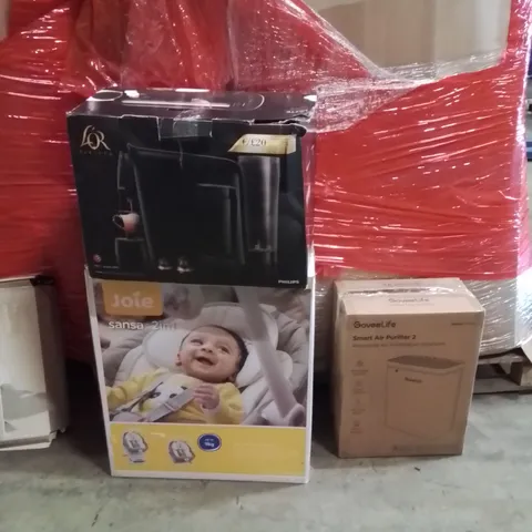 PALLET OF ASSORTED HOUSEHOLD GOODS AND PRODUCTS TO INCLUDE;BARIISTA MACHINE,AIR PURIFIER,BABY HOLDER
