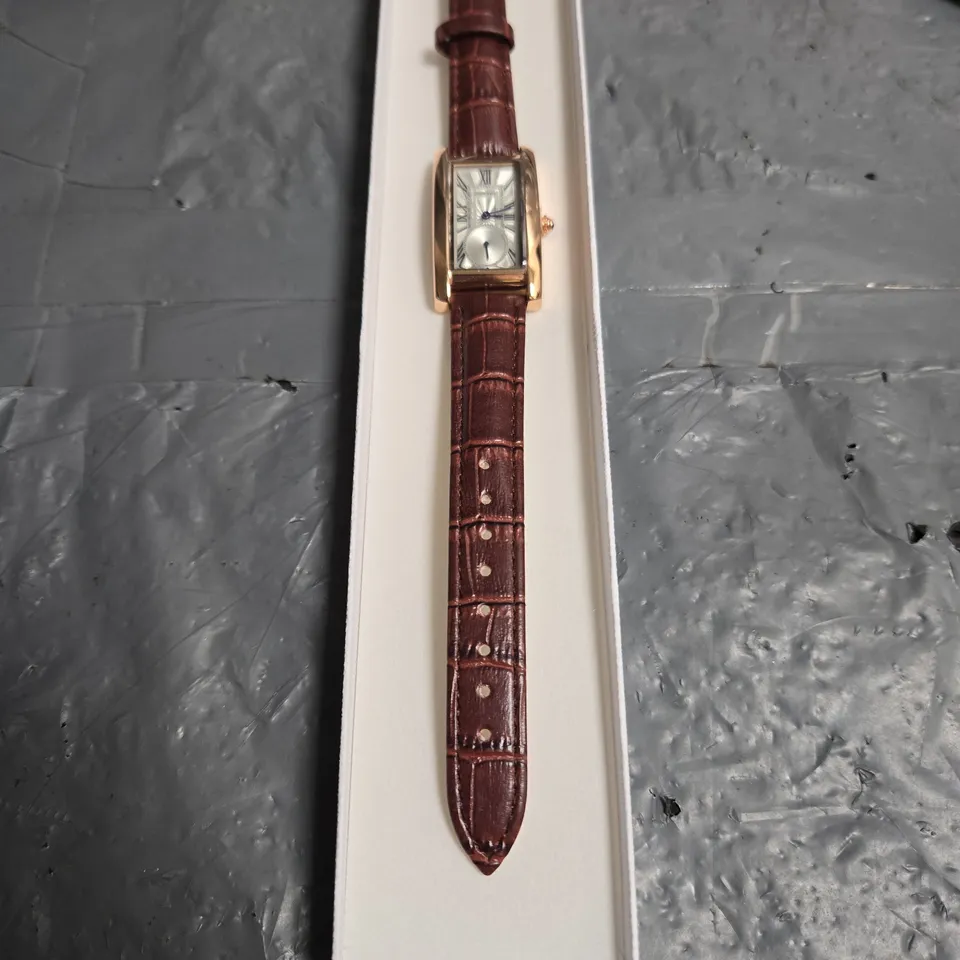 STOCKWELL RECTANGULAR GOLD-TONE WATCH WITH BROWN LEATHER STRAP