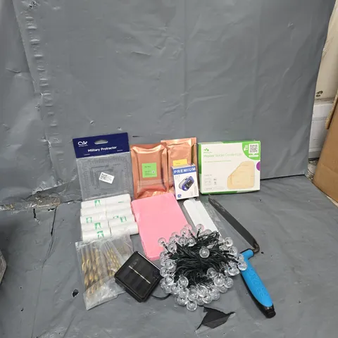 APPROXIMATELY 20 ASSORTED HOUSEHOLD ITEMS TO INCLUDE STRING LIGHTS, REMIFA BLOOD GLUCOSE MONITOR, MILITARY PROTRACTER, ETC